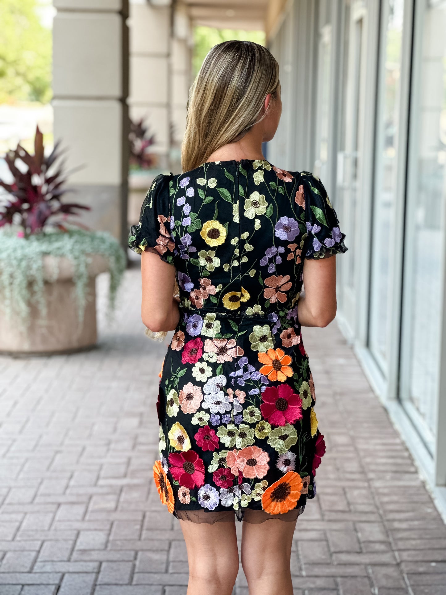 Adelyn Rae "Nicole" 3D Floral Puff Sleeve Mini Dress-Black Multi