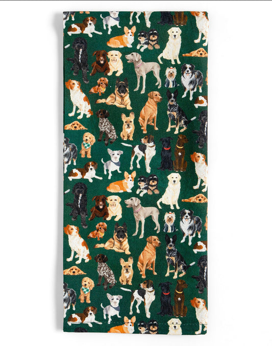 1 Canoe 2 "Furry Friends" Dogs Tea Towel-Green