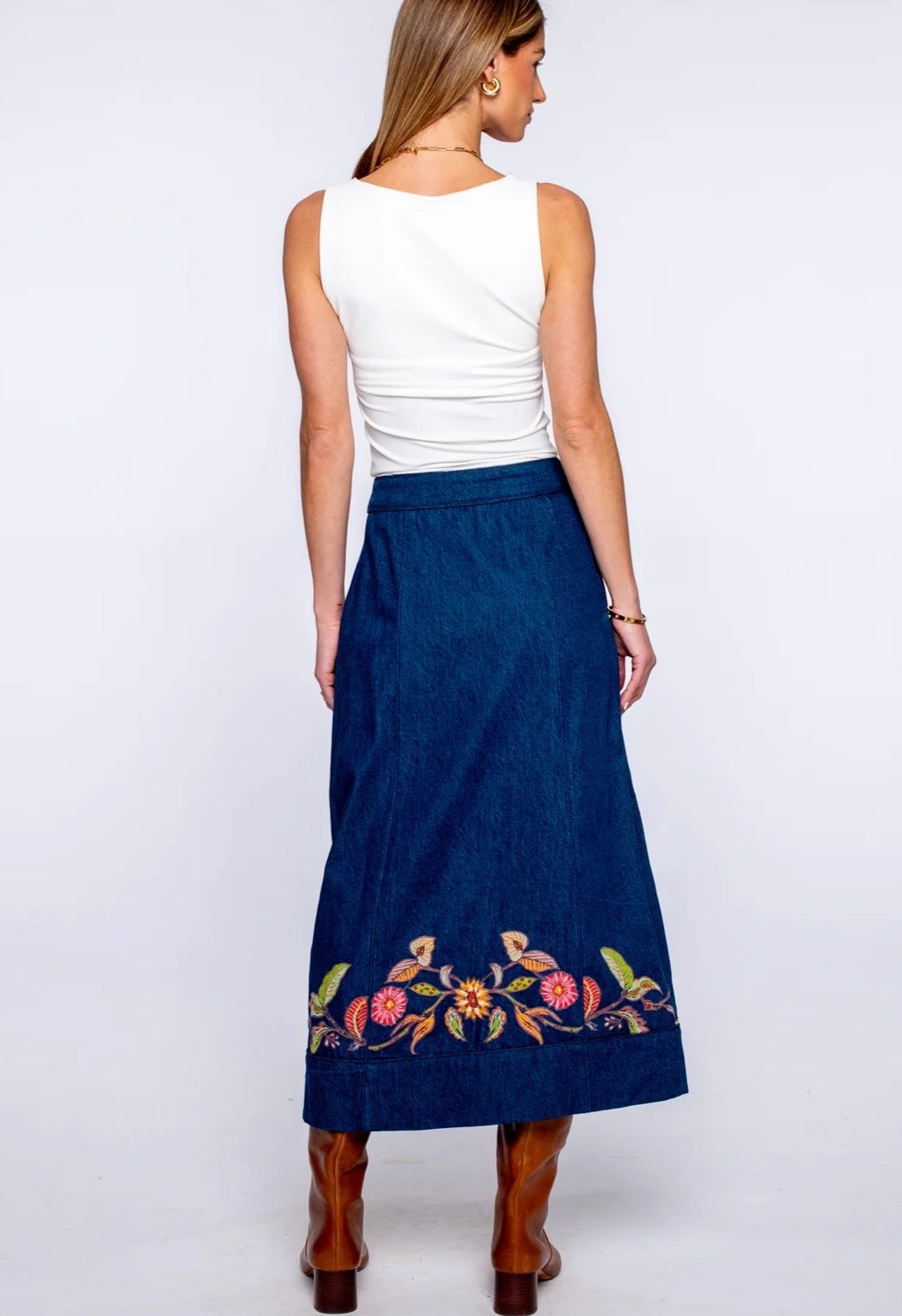 Elizabeth James “Frankie” Skirt-Denim Floral Embroidery