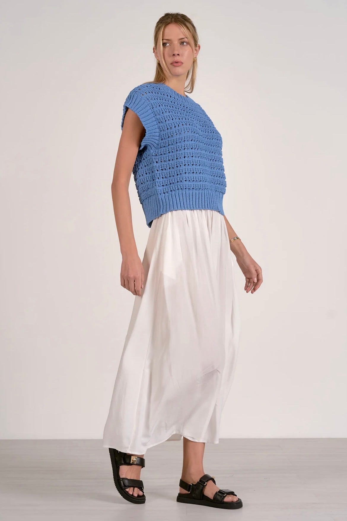 Elan S/S Open Knit Sweater-Blue