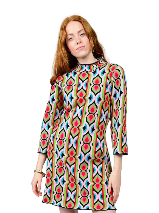 Uncle Frank Retro Pattern Knit Dress-Pink/Green