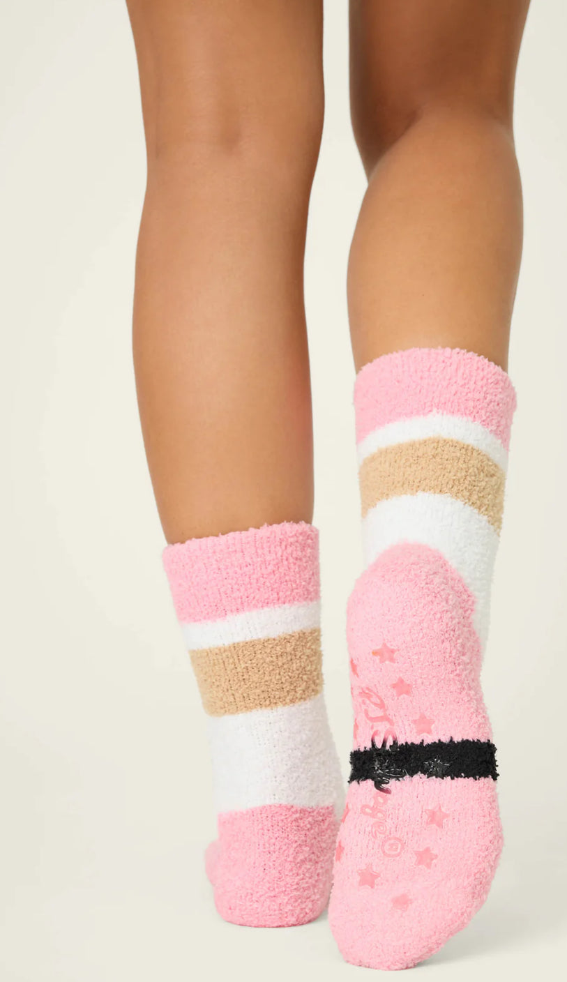 PJ Salvage Cozy Ski Jammie Classic Crew Socks-Pink Santa