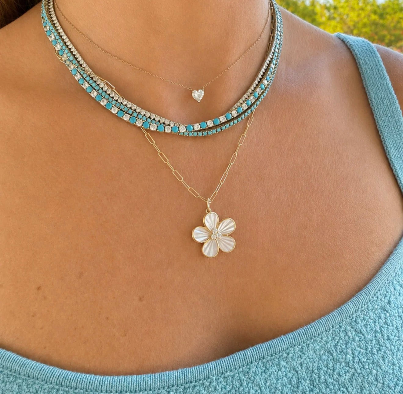 LeMel Dee Alternating Turquoise & CZ Tennis Necklace-16” Gold