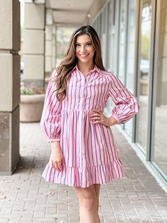 Aureum Striped Mini Shirt Dress-Pink