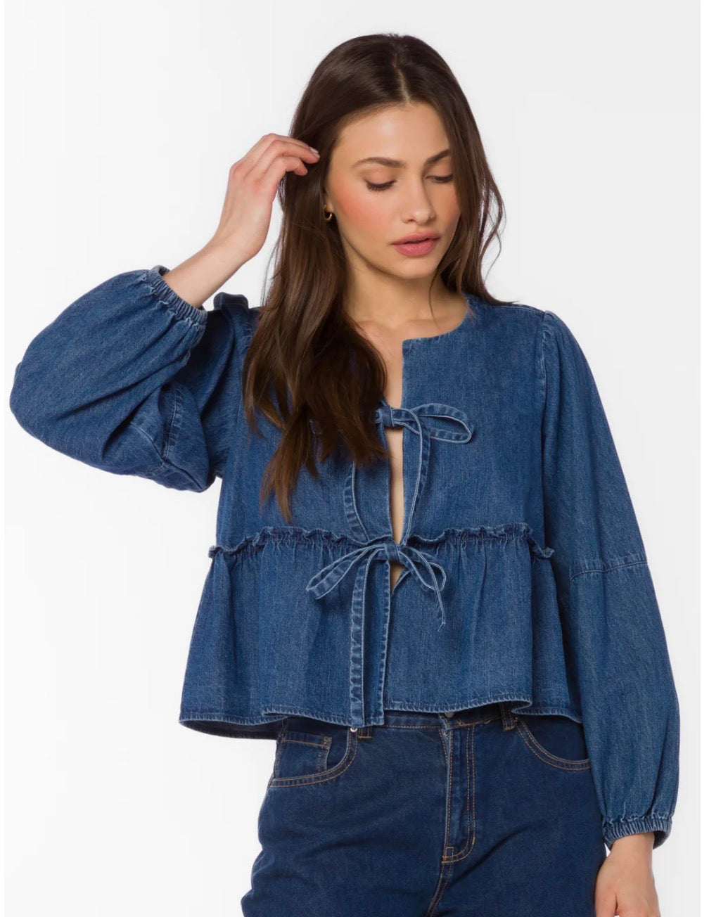 Velvet Heart "Abbie" Tie Front Denim Cardigan-Tokyo Blue