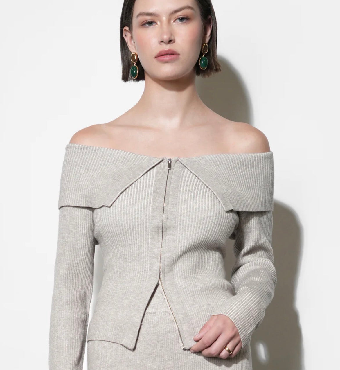 Greylin "Hazel" Off-Shoulder Zip Up Knit Top- Warm Grey