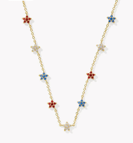 Kendra Scott Sierra Star Crystal Strand Necklace-Gold Red White Blue Mix