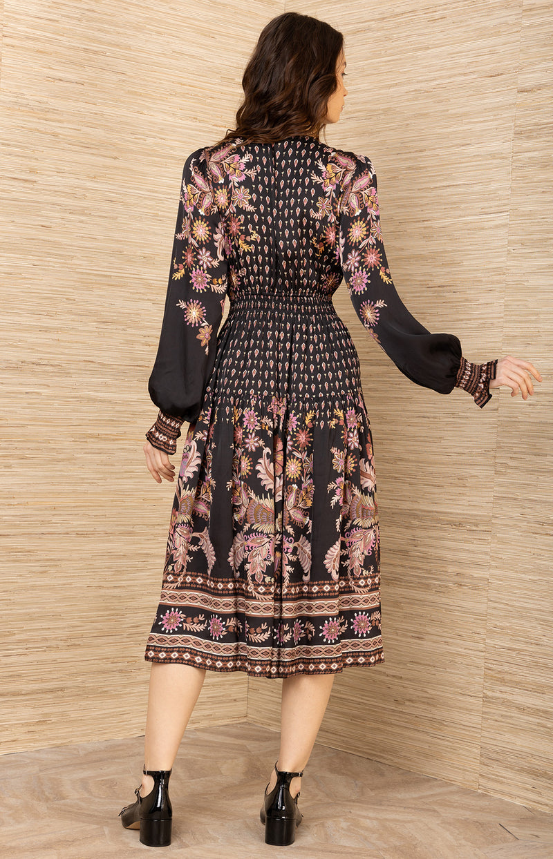 Hale Bob "Raquel" Charmeuse  L/S V-Neck Dress-Black