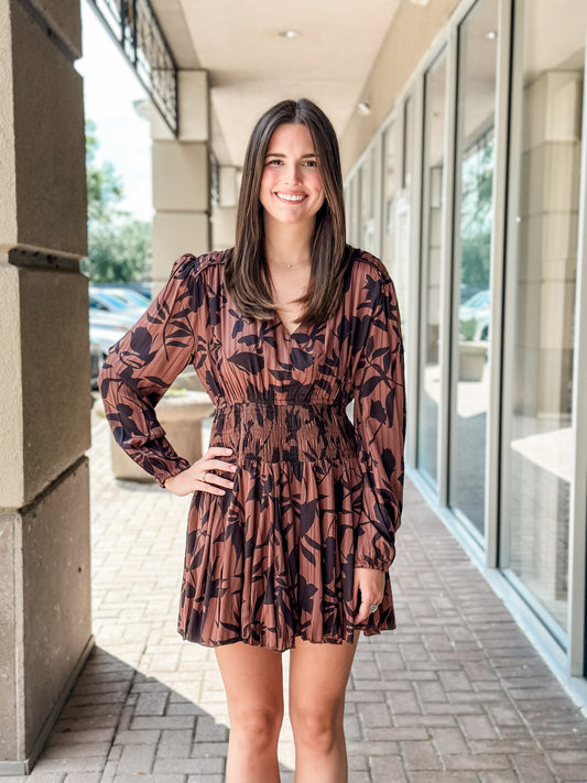 Elan “Mabry” Mini Dress - Brown Foliage