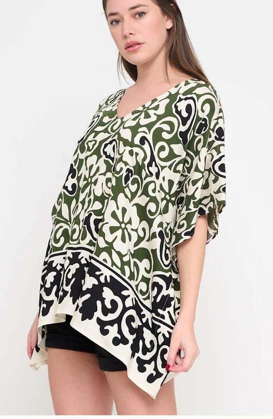 Meet Me In Santorini "Olive Scroll” Tunic Top-Black/Green