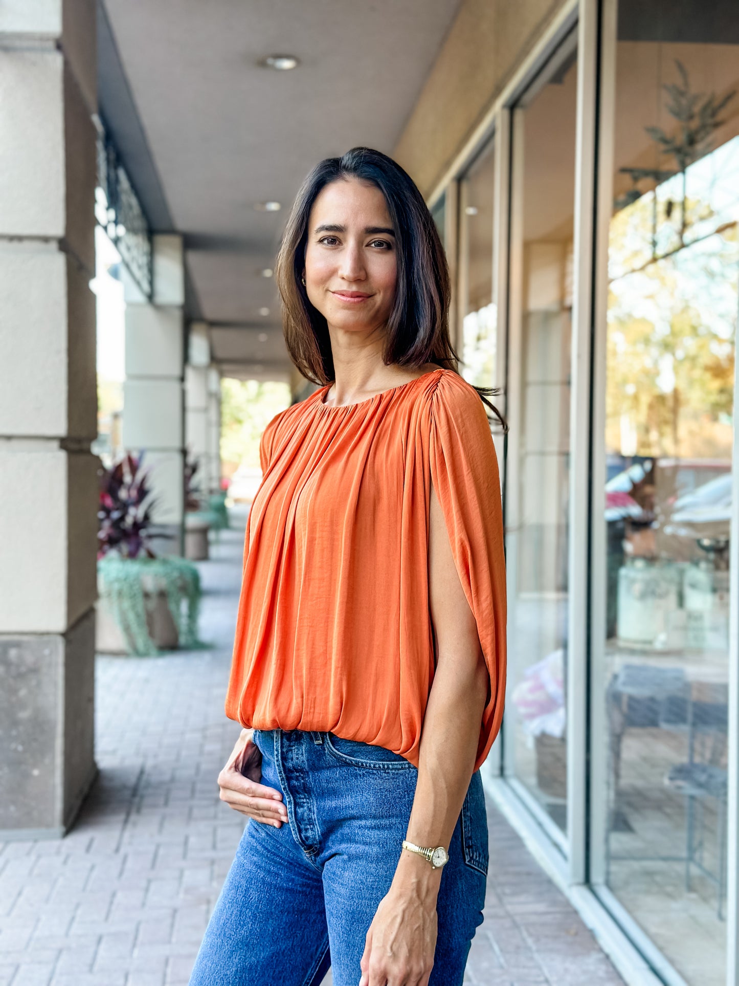 KLd “Brennan” Satin Scoop Neck Bubble Hem Top-Rust