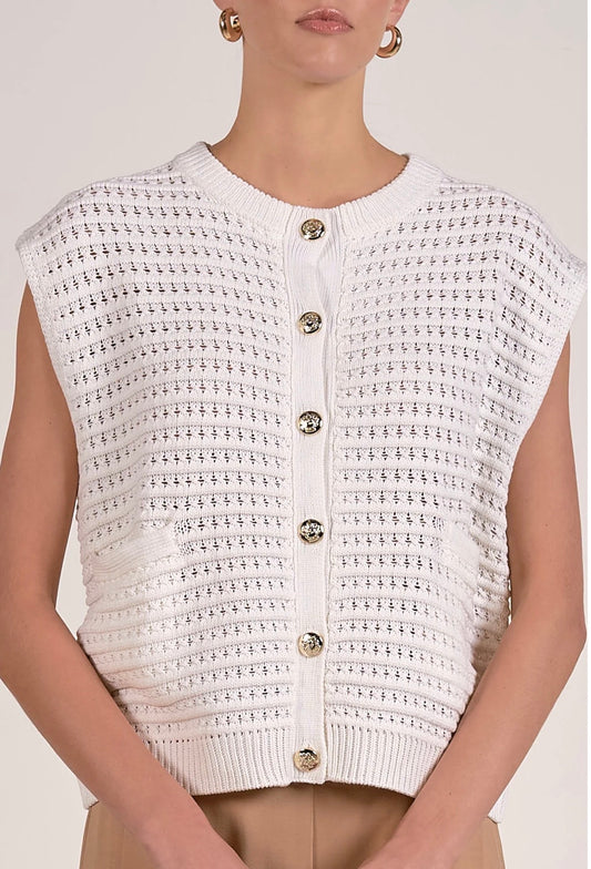 Elan “Ayla” Sleeveless Button Front Cardigan-White