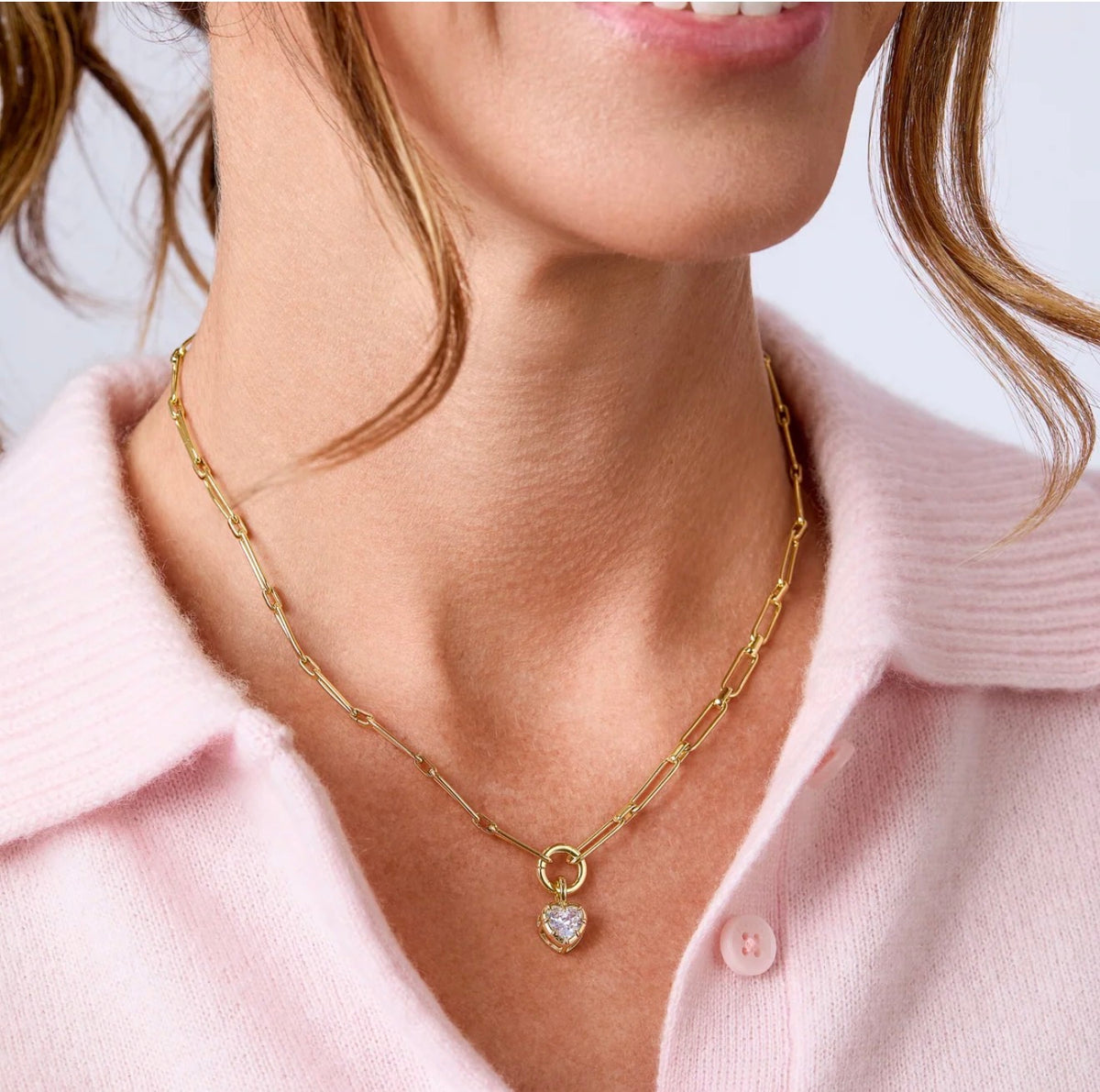 LeMel “Blaire” Bezel Heart CZ Charm Necklace 18” (on Paperclip chain)