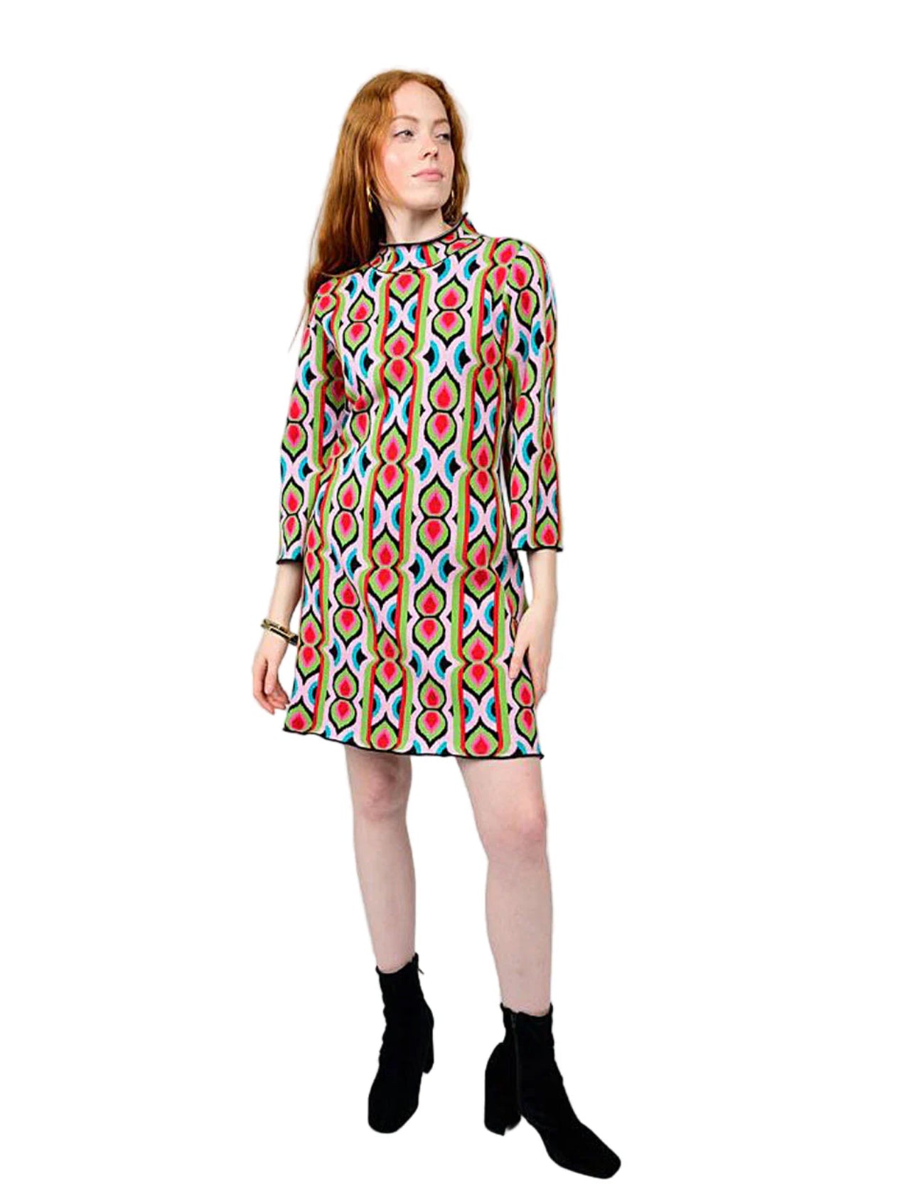 Uncle Frank Retro Pattern Knit Dress-Pink/Green