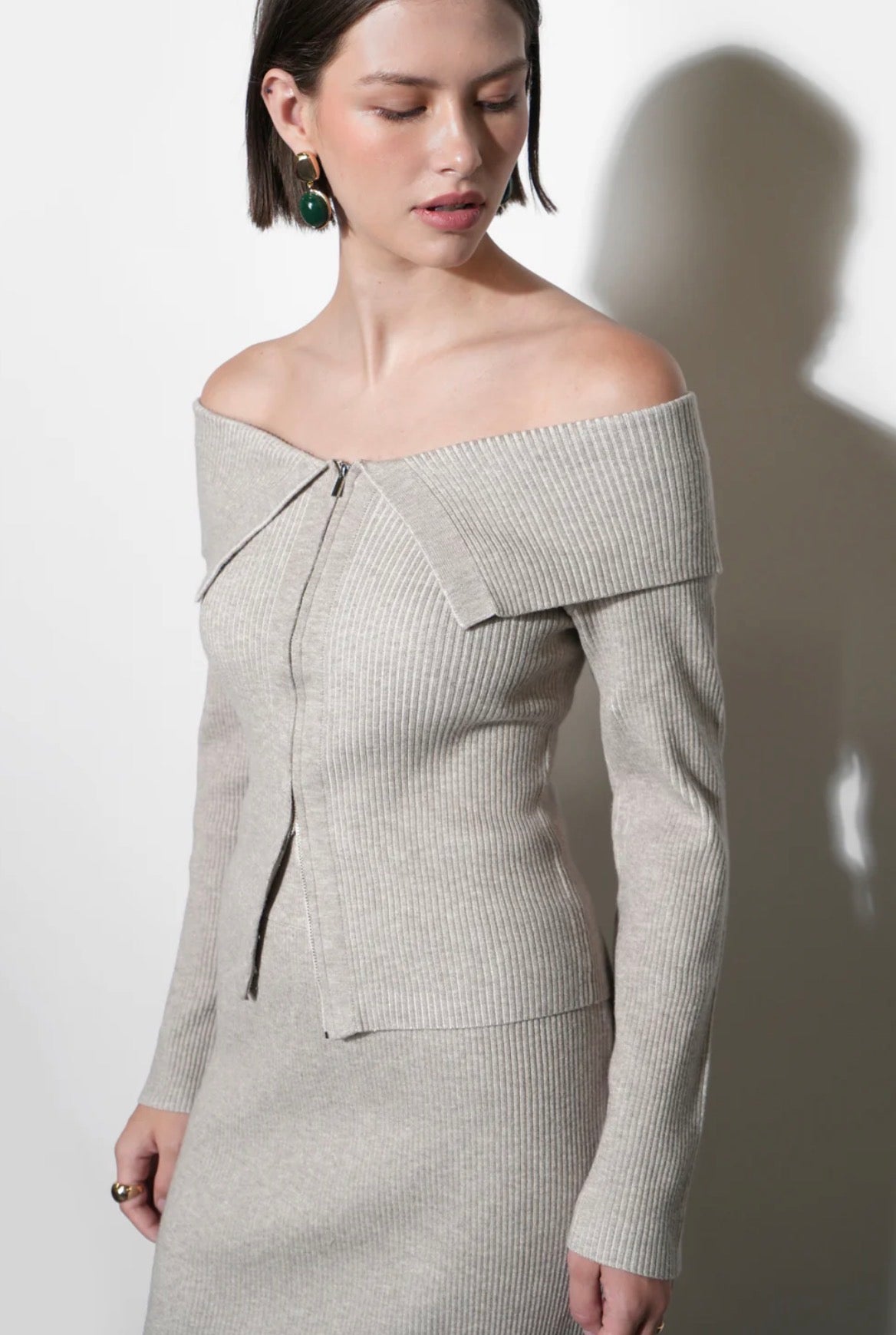 Greylin "Hazel" Off-Shoulder Zip Up Knit Top- Warm Grey