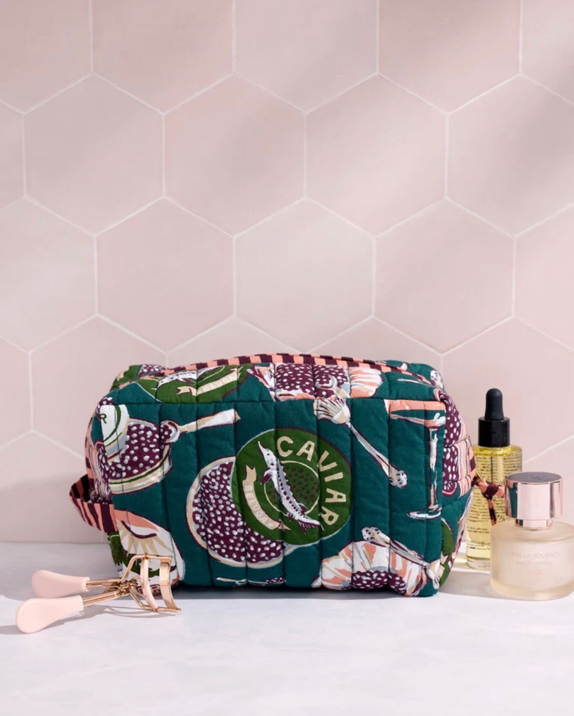 Printfresh "Champagne & Cavier" Quilted Pouch-Peacock Feather