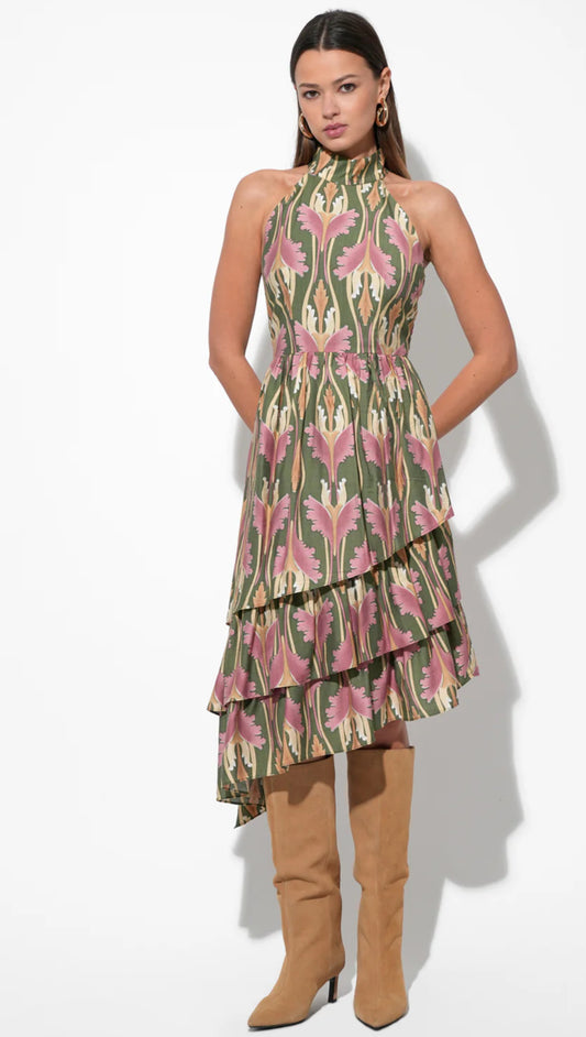 Adelyn Rae "Chriselle" High Neck Tiered Floral Midi Dress-Olive Multi