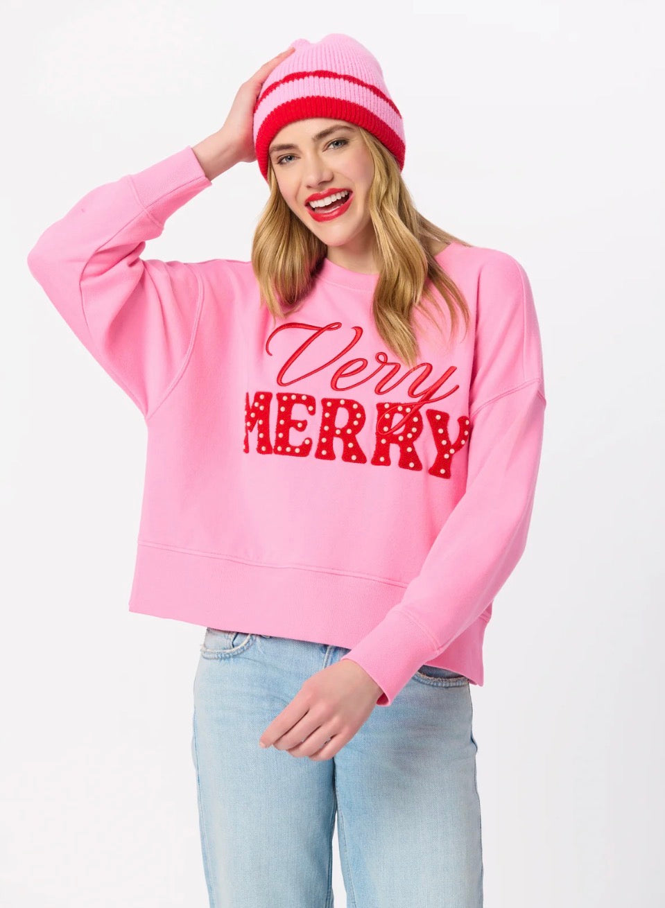 Shiraleah "Very Merry" Pearls Relaxed Sweatshirt-Pink