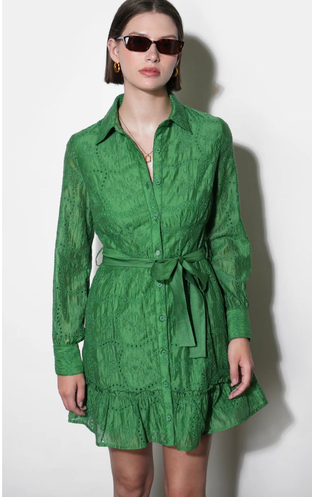 Greylin "Tabitha" Embroidered Cinched Waist Mini Dress-Retro Green