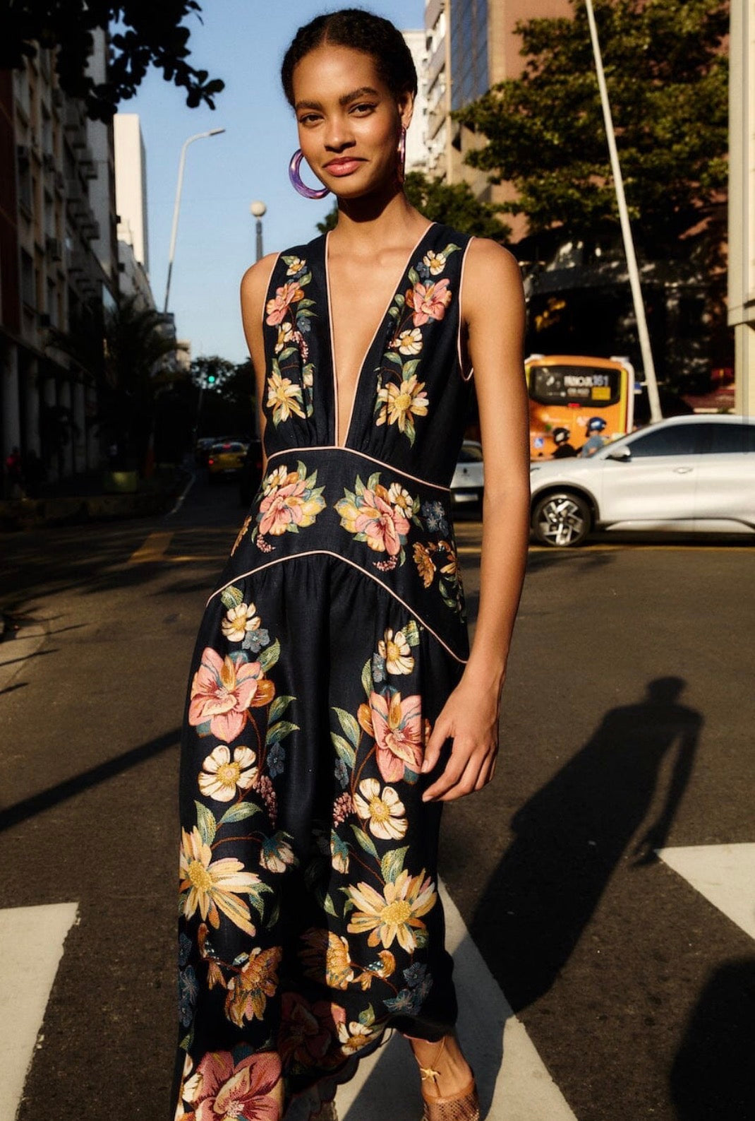 Farm Rio "Maira" Floral Floral Euroflax Premium Linen Midi Dress-Dark Blue