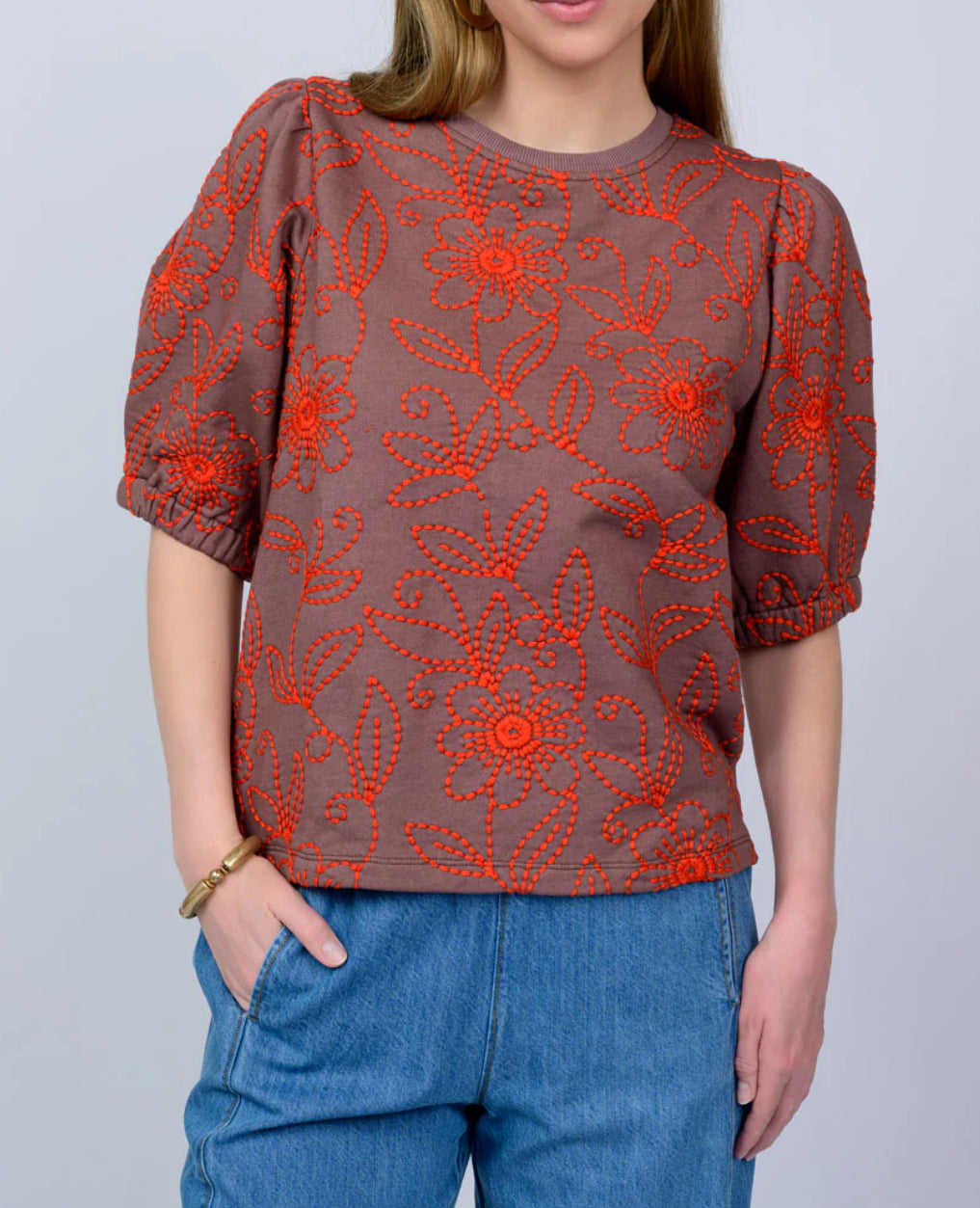 Ivy Jane "Floral Vines" Knit Top- Brown