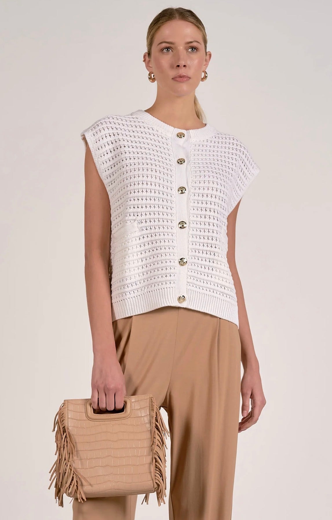 Elan “Ayla” Sleeveless Button Front Cardigan-White