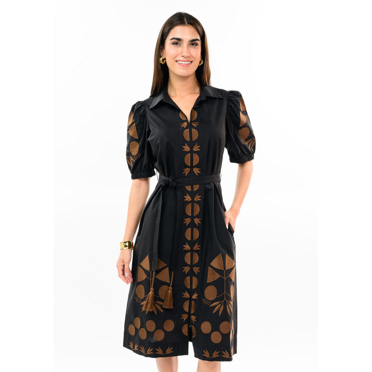 Uncle Frank Placket Embroidered Dress - Black