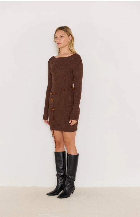 Mink Pink “Dakota” Bead Detail Mini Dress - Chocolate