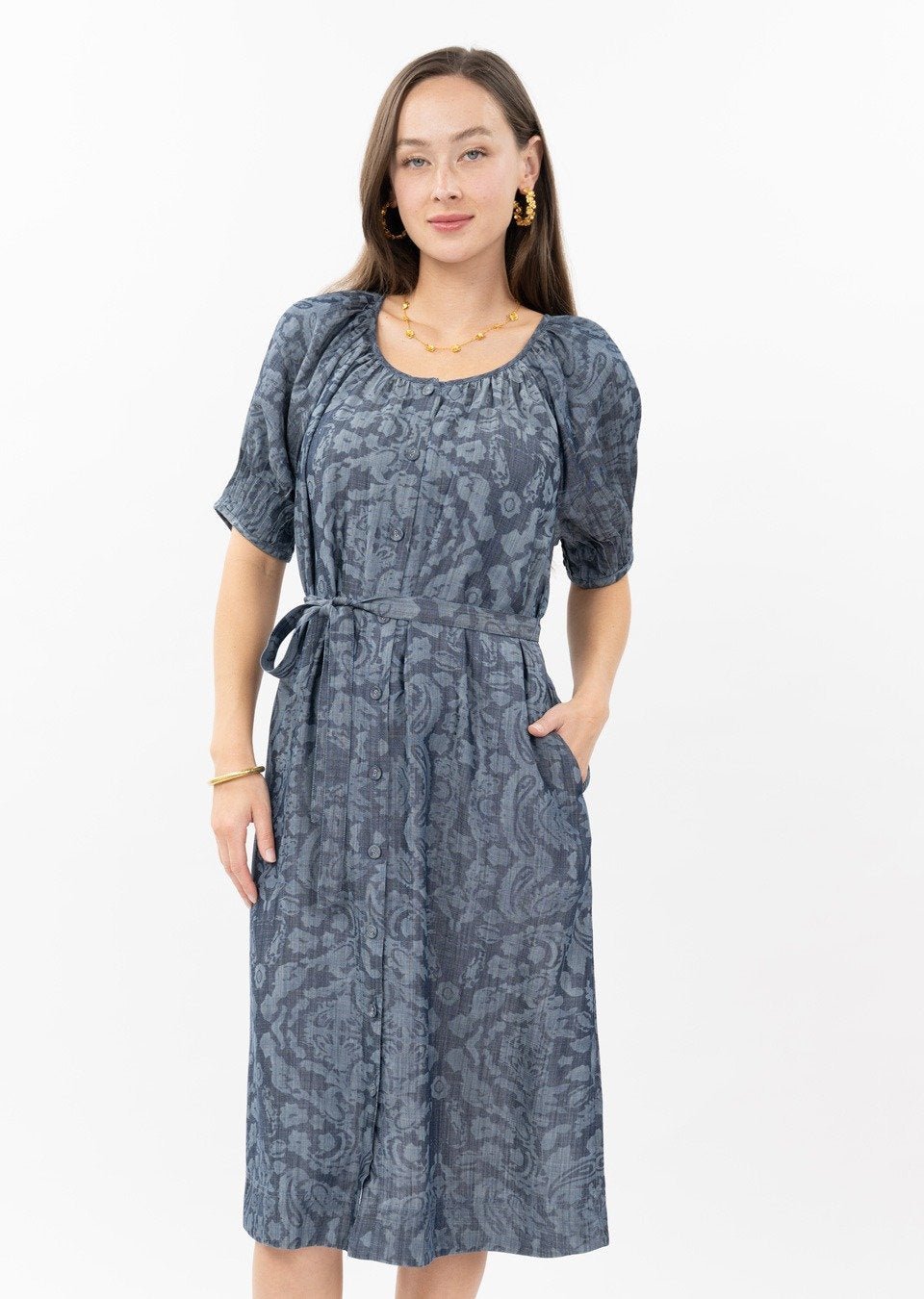 Uncle Frank Tucked Sleeve Denim Dress-Indigo