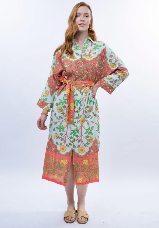 Uncle Frank Bordered Shirt Dress- Aqua