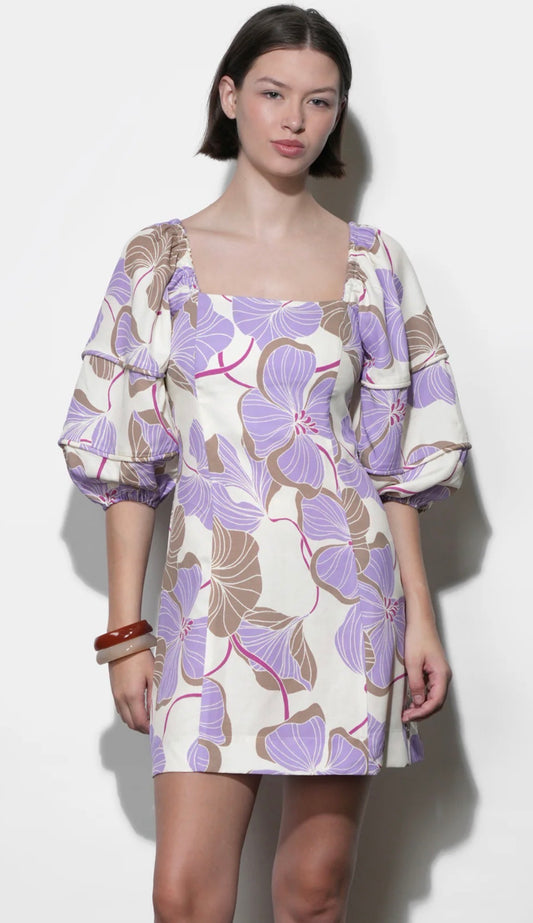 Greylin "Emery" Bubble Sleeve Piped Mini Dress-Cream/Lilac