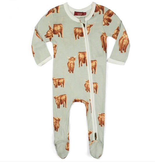 Milkbarn Kids "Highland Cow" Organic Cotton Zipper Footed Romper