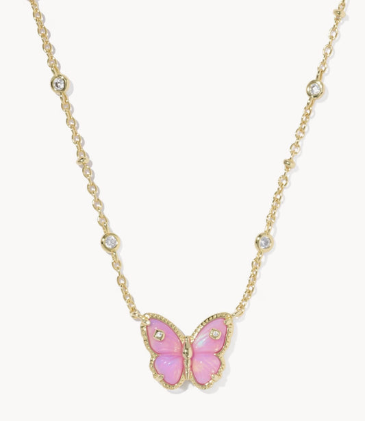 Kendra Scott Cailey Butterfly Short Pendant Necklace-Gold Pink Opalescent Resin