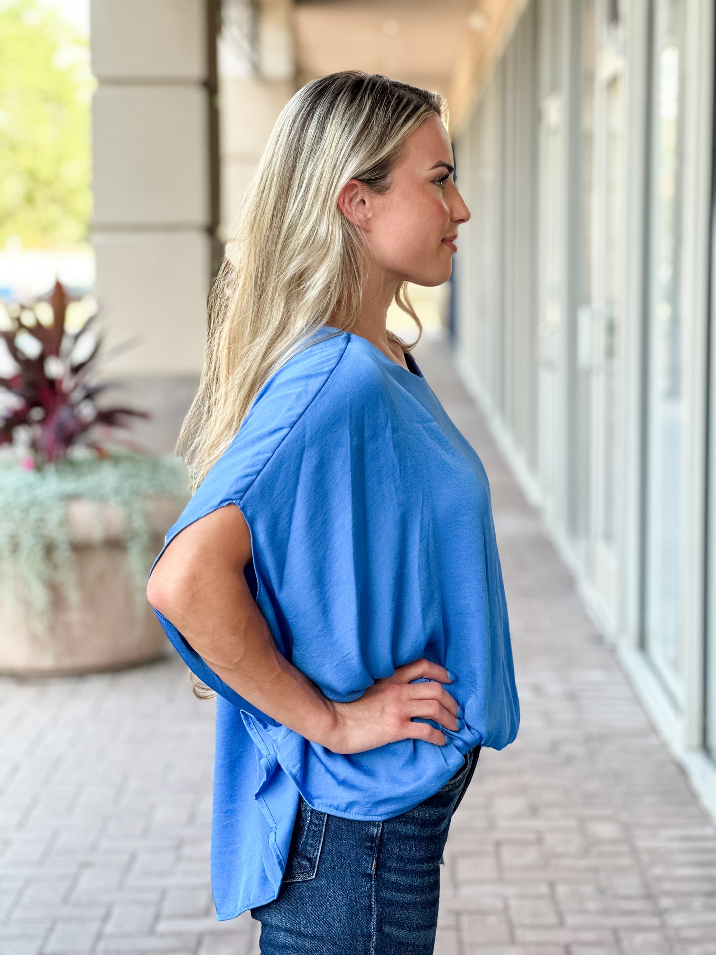 KLD "Webster" Washed Satin Caftan Blouse-Blue