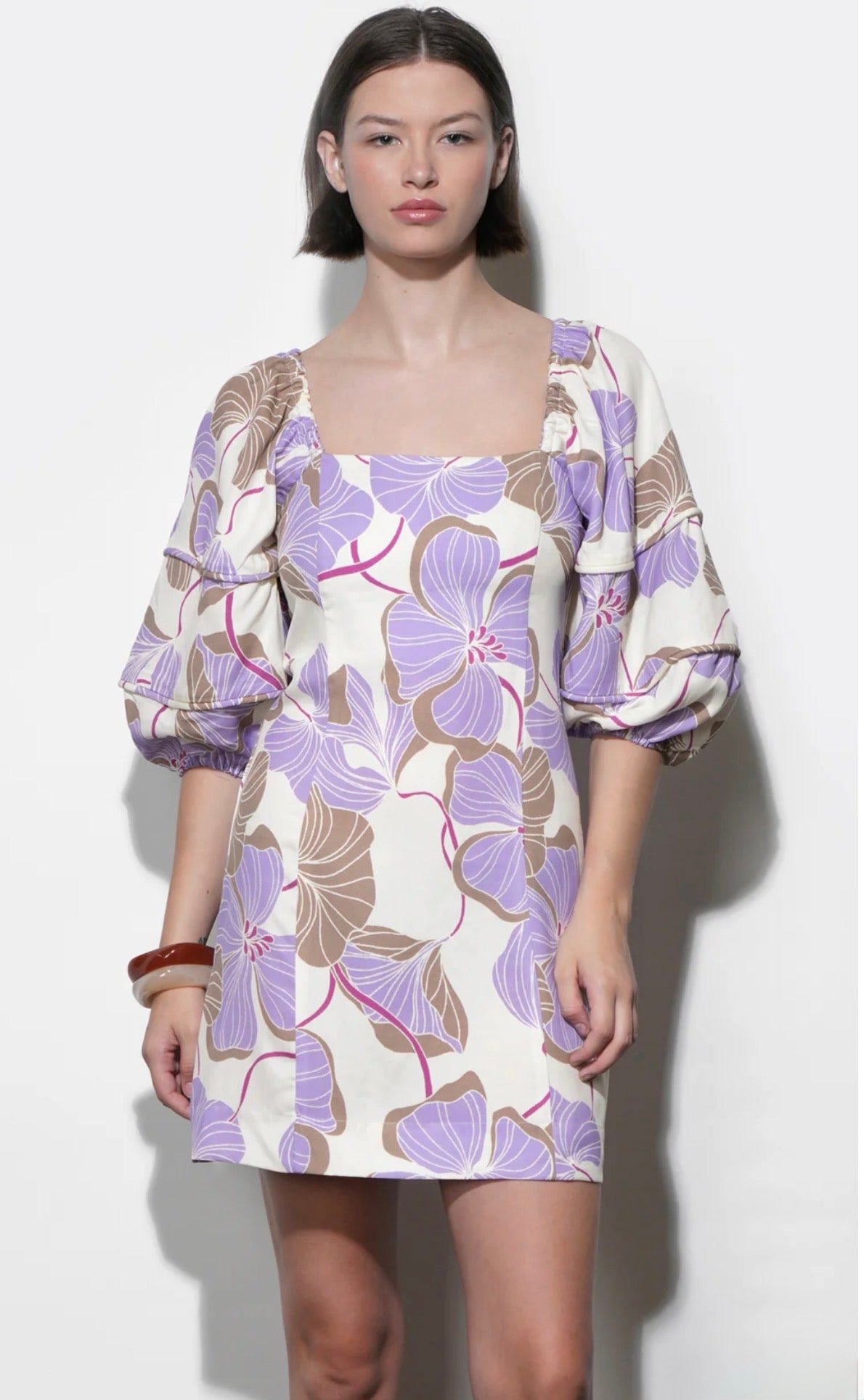 Greylin "Emery" Bubble Sleeve Piped Mini Dress-Cream/Lilac