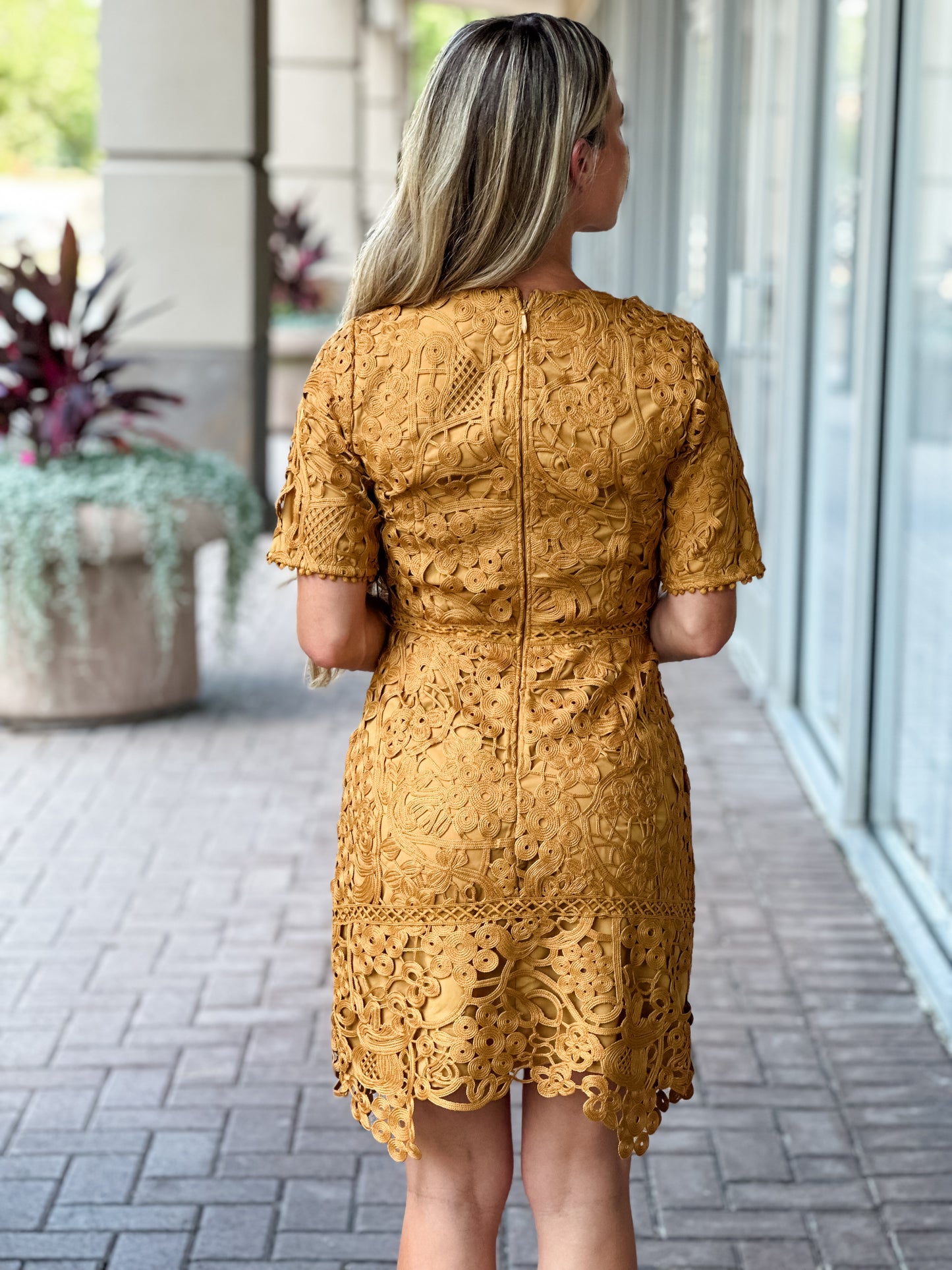 Adelyn Rae "Tasha" Scalloped Crochet Lace Mini Dress-Mustard