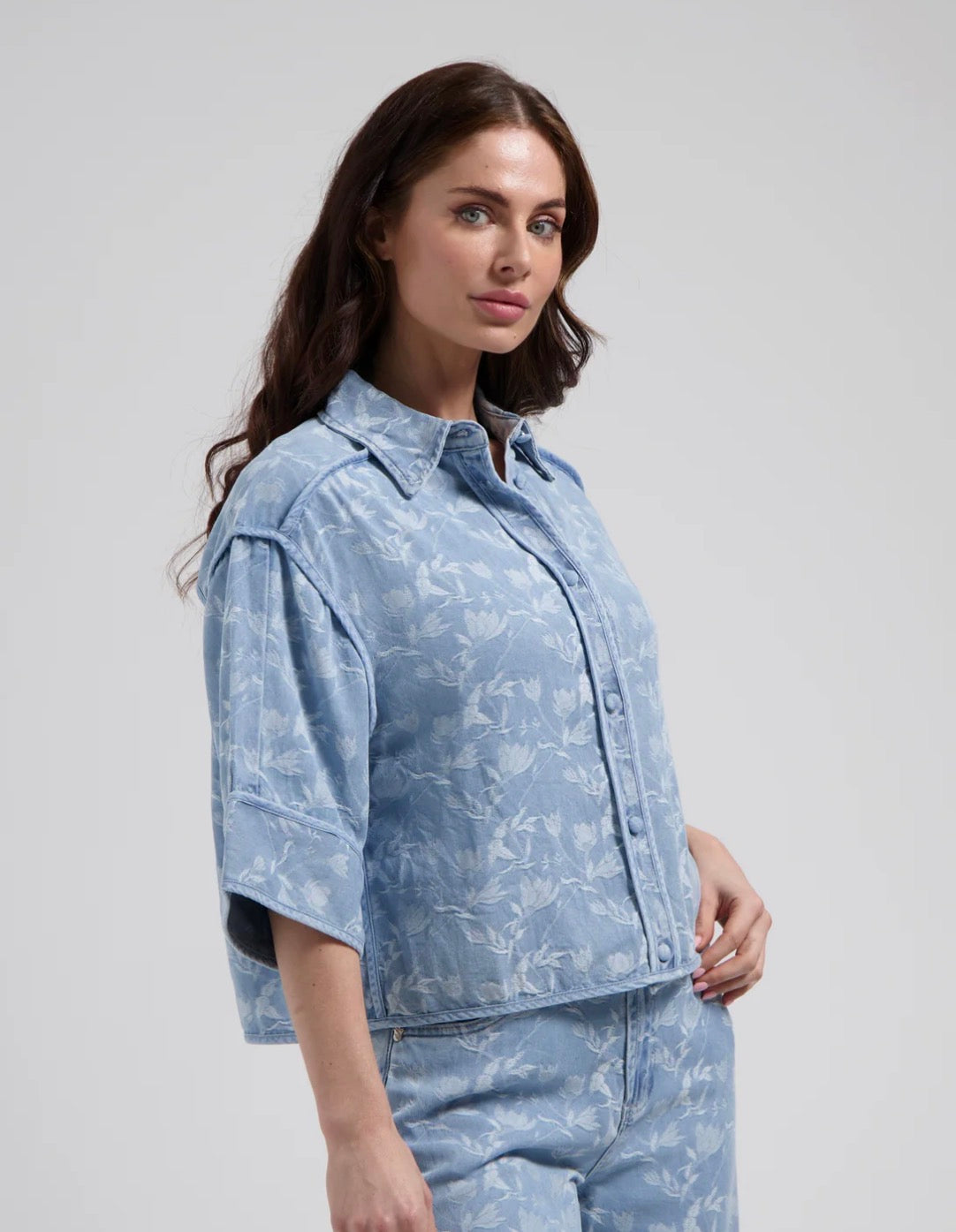 Florez "Irini" Printed Chambray Blouse-Light Blue