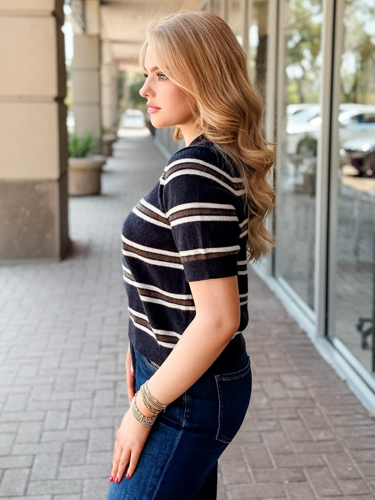 KLd "Contessa" S/S Striped Crewneck Sweater-Navy