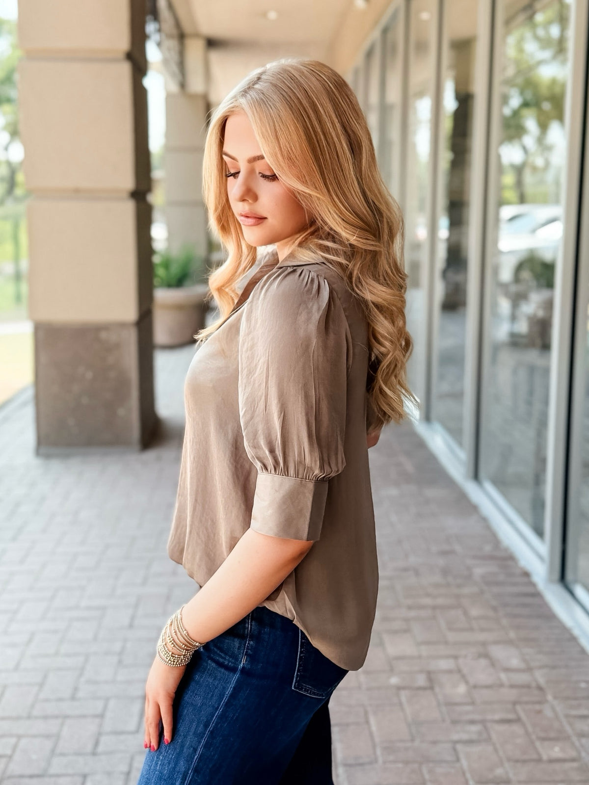 KLd "Mariah" Bubble Hemmed Blouse-Khaki