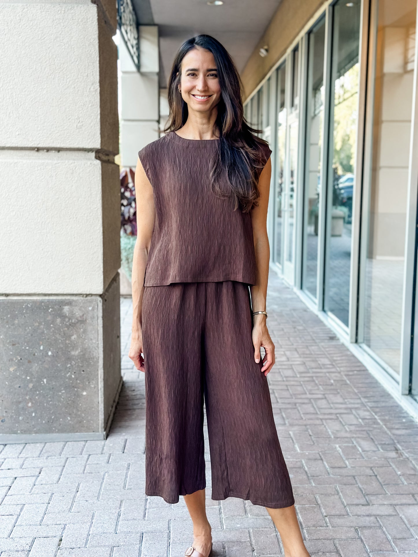 KLd "Marnie" Textured Crop Wide Leg Pant-Brown