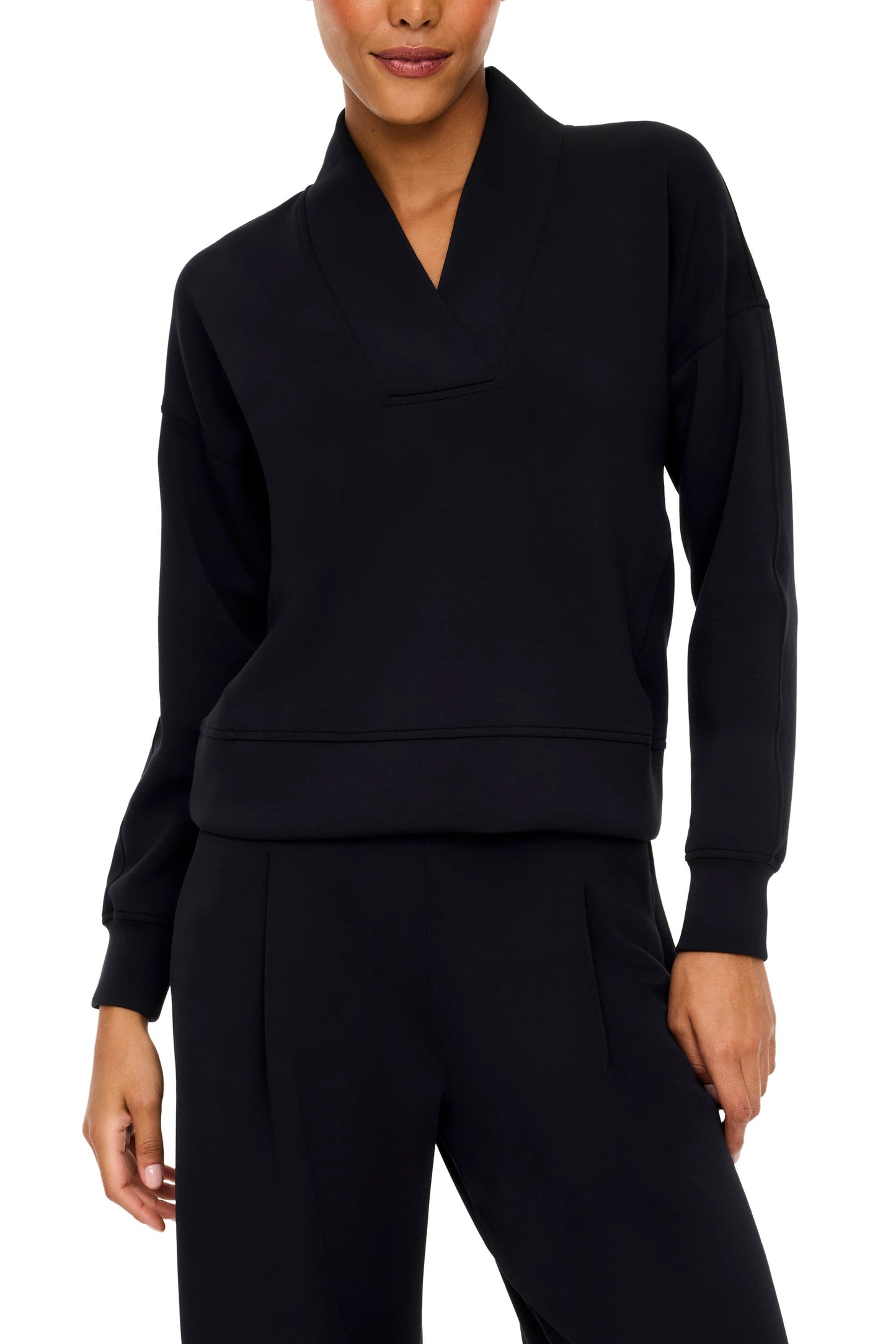 Spanx AirEssentials V-Neck Long Sleeve Sweatshirt - Very Black