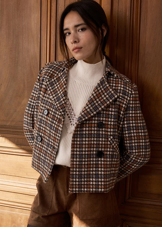 Molly Bracken Houndstooth Pattern Short Jacket-Brown