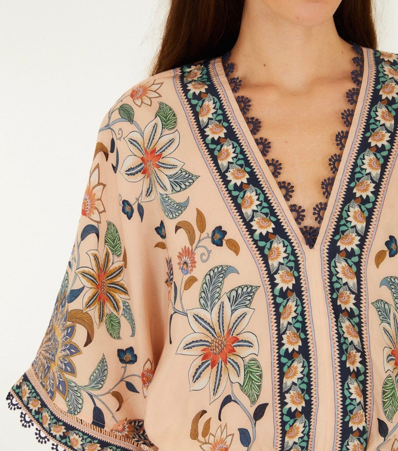 Farm Rio "Delhi" Tapestry Kimono Sleeve Bodysuit-Soft Pink Floral