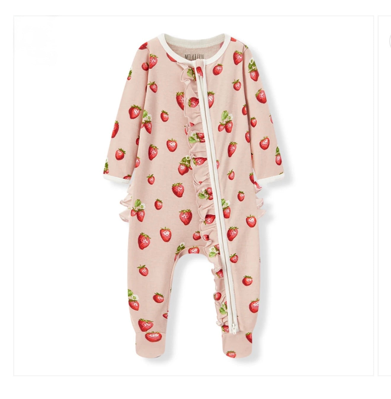 Milkbarn Kids "Strawberry" Organic Cotton Ruffle Zipper Footed Romper