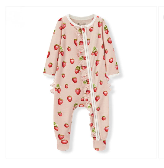 Milkbarn Kids "Strawberry" Organic Cotton Ruffle Zipper Footed Romper