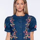 Elizabeth James “Coco” Top- Denim Floral Embroidery