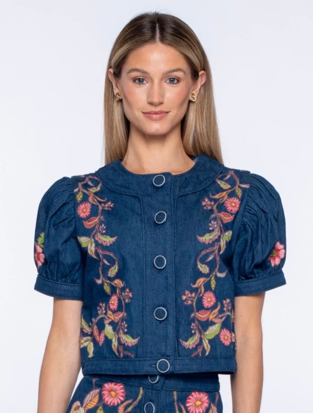 Elizabeth James “Coco” Top- Denim Floral Embroidery