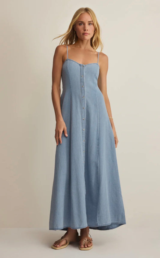 Z Supply Angel Eyes Chambray Twill Midi Dress-Lake Blue