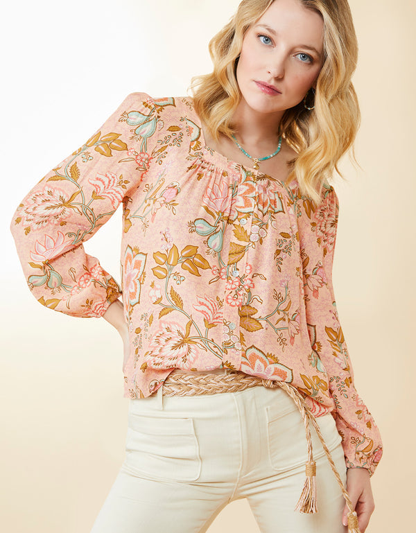 Spartina 449 Joslynn Square Neck Blouse-Calm Waters Floral Chintz