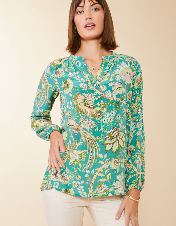 Spartina 449 Cora Silk Blouse-Mystic Moss Bird